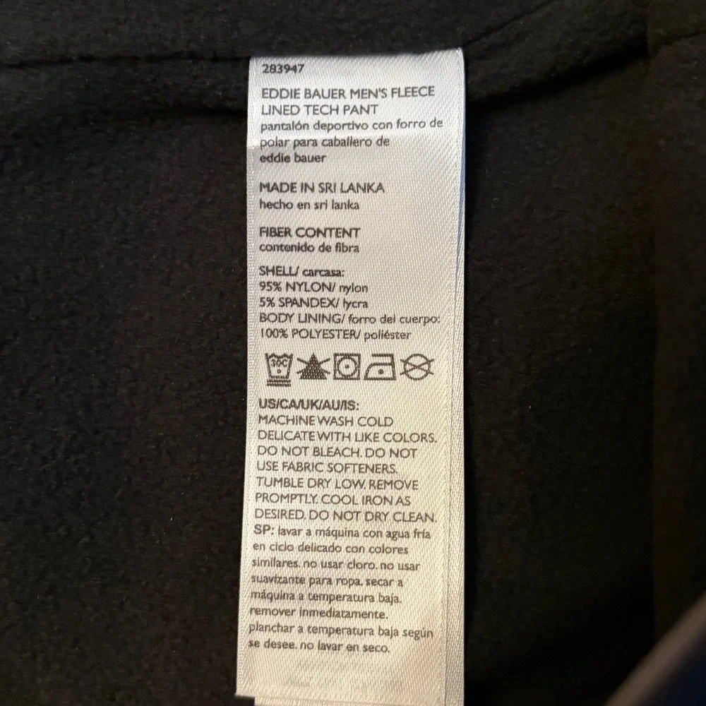 Eddie Bauer Fleece Lined Tech Pant Mens 34x30 Black Stretch Cargo Outdoor New
